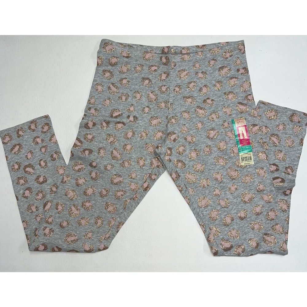 Faded Glory Girls Knit Leggings Gray Cheetah Print Pink Gold Glitter SZ XL 14 16